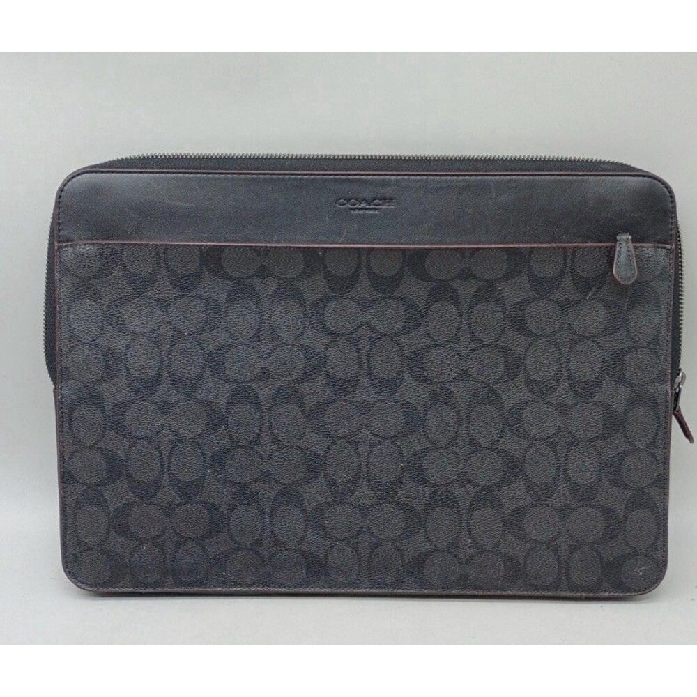 Coach F66552 Signature Canvas 15" Laptop Sleeve Case Black Charcoal Oxblood Trim